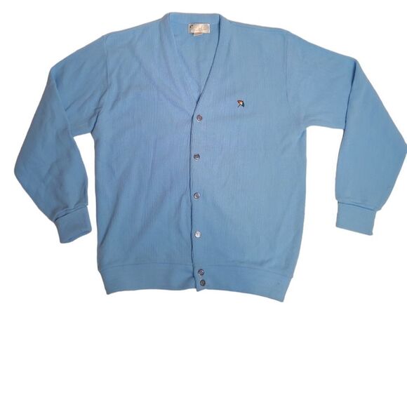 VINTAGE 80s baby blue button up Arnold Palmer v-neck cardigan sweater L - Picture 1 of 8